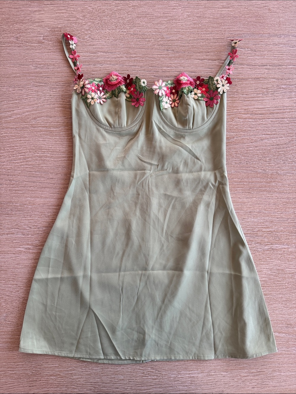 Sage Green Mini Dress with Floral Embroidered Trim